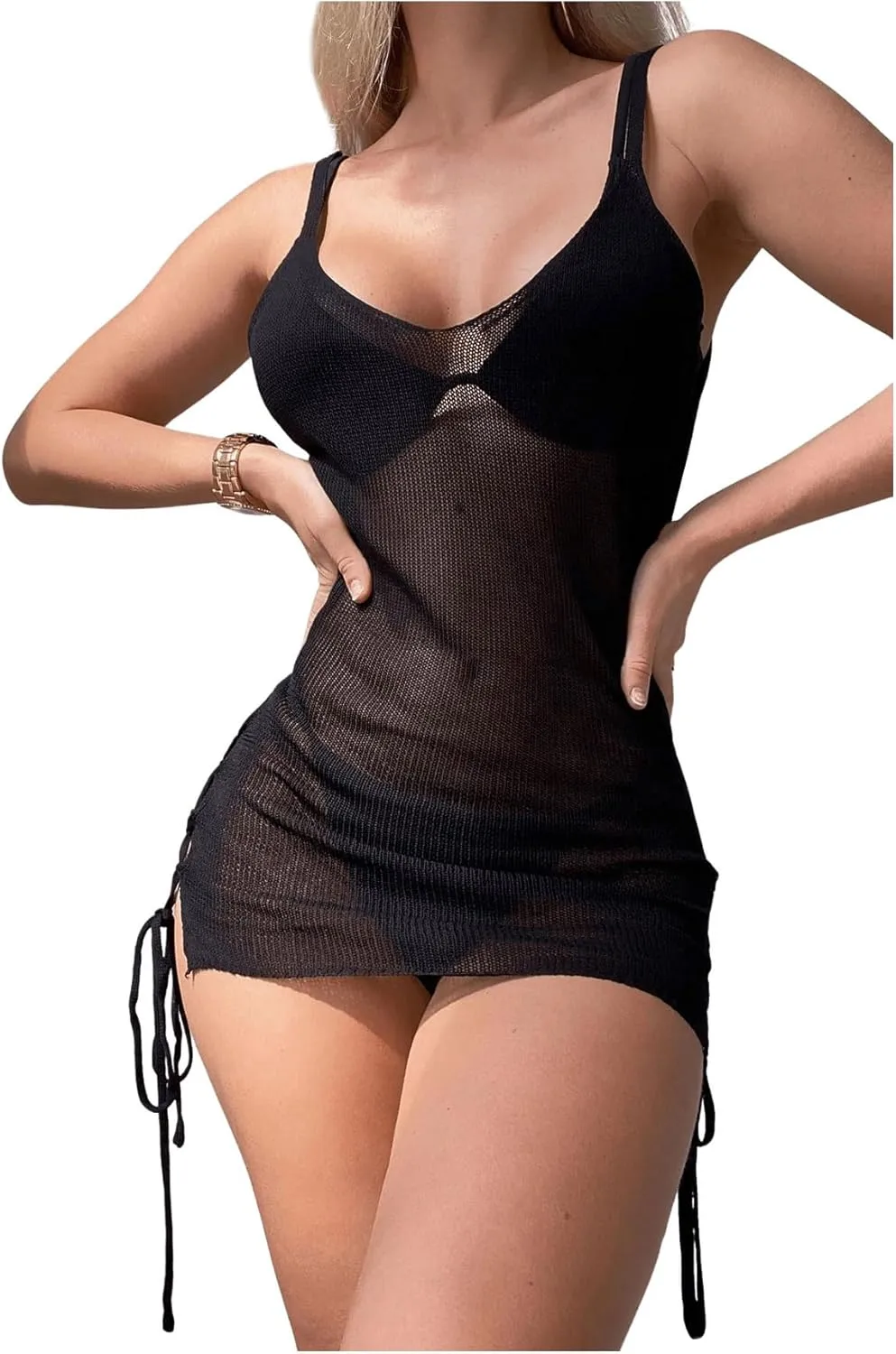SHENHE Women's Sheer Swimsuit Cover Up Lace Up Tie Side Knit Mini Dress Beach Coverups