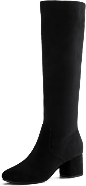 Shoe'N Tale Knee High Boots for Women Block Chunky Heel Boots with Side Zipper