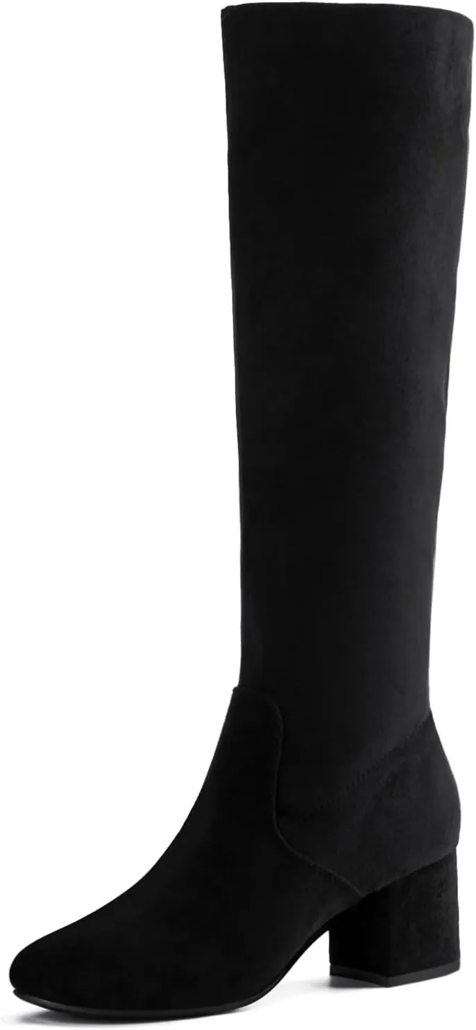 Shoe'N Tale Knee High Boots for Women Block Chunky Heel Boots with Side Zipper