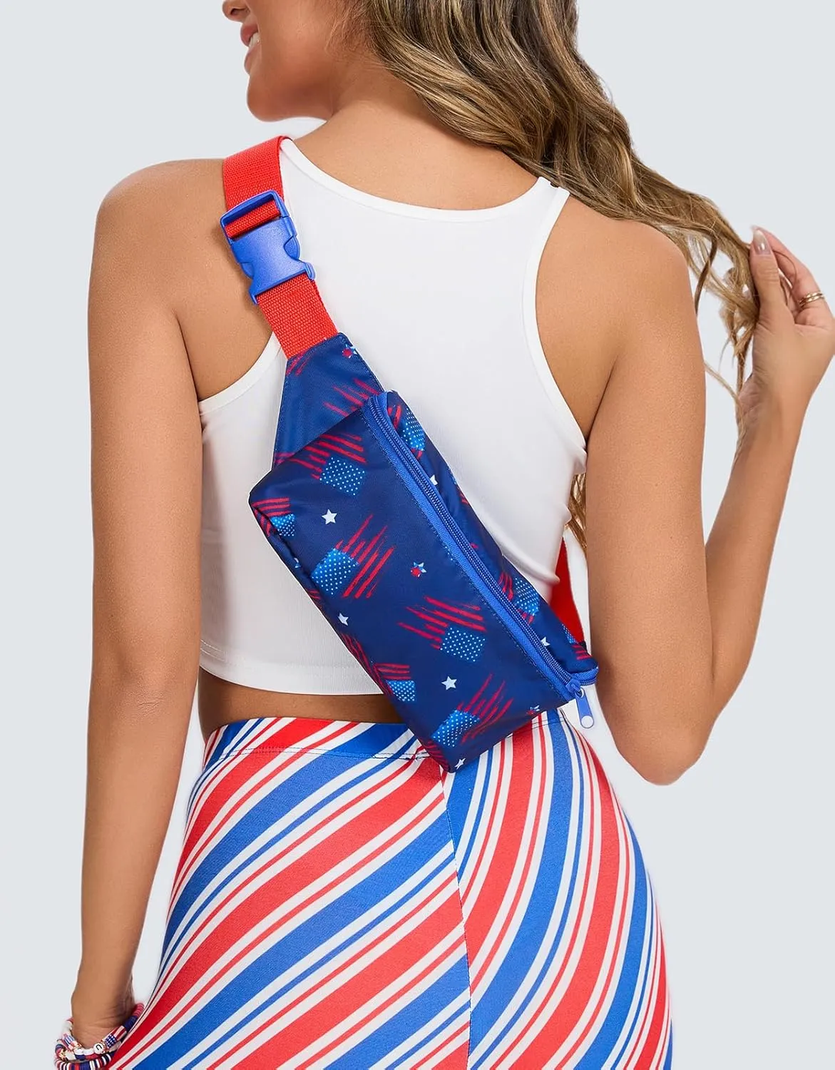 sissycos 4th of July 80s Retro Neon Fanny Pack, 90s Accessories for Women Men Waist Packs, 2 Pockets Belt Waist Crossbody Bag, American Flag Print (Rustic Patriot Flag)