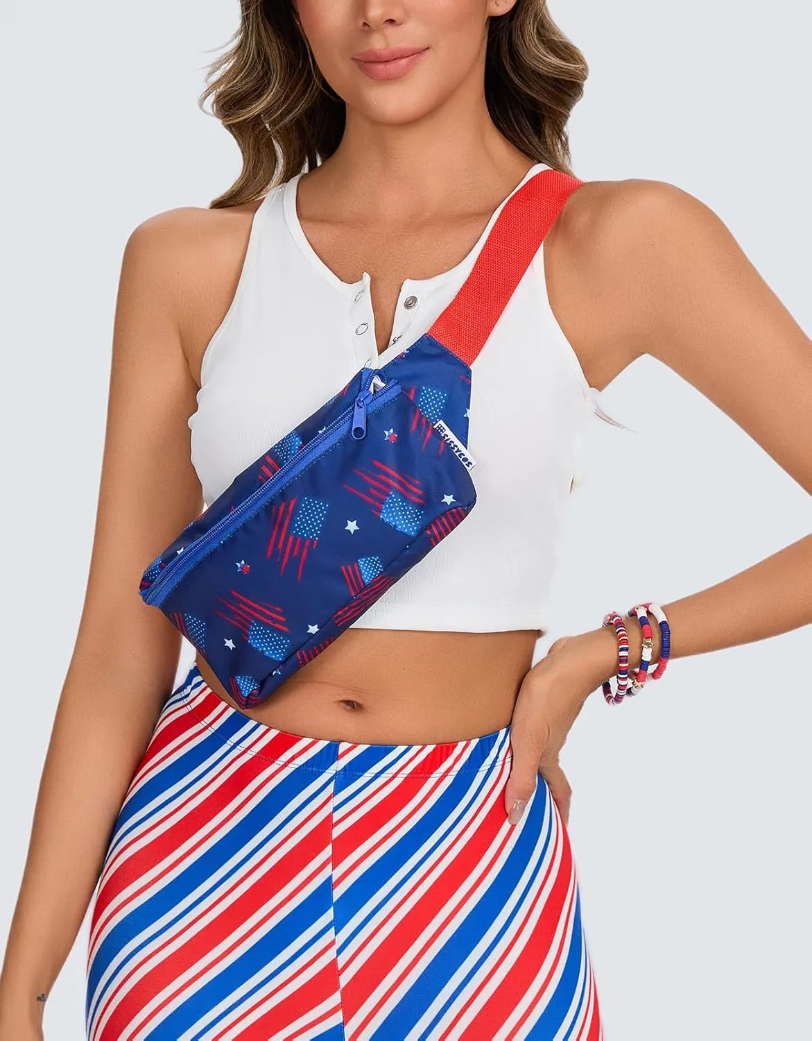 sissycos 4th of July 80s Retro Neon Fanny Pack, 90s Accessories for Women Men Waist Packs, 2 Pockets Belt Waist Crossbody Bag, American Flag Print (Rustic Patriot Flag)