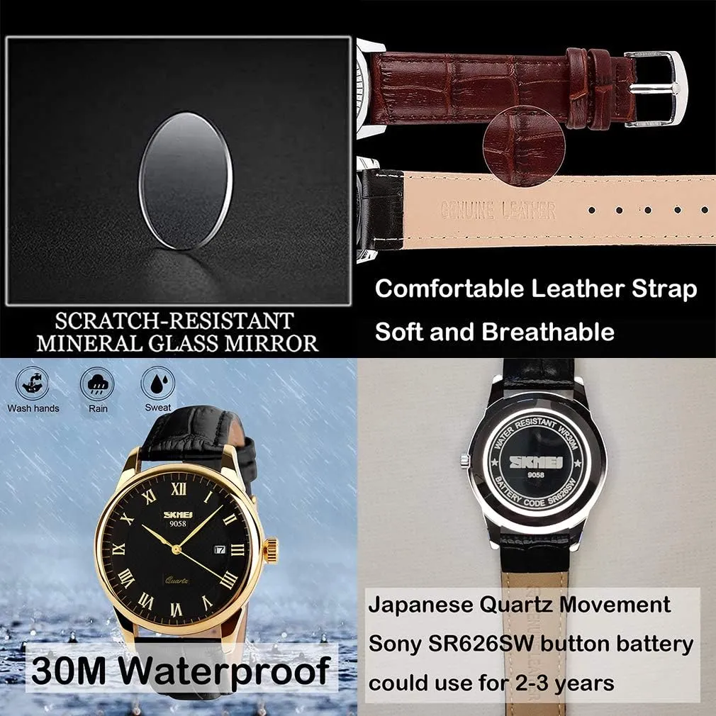 SKMEI Watch for Men Business Dress Classic Fashion Casual Black Leather Quartz Analog Waterproof Calendar Date Light Simple Wrist Watches Dad Fathers Gifts
