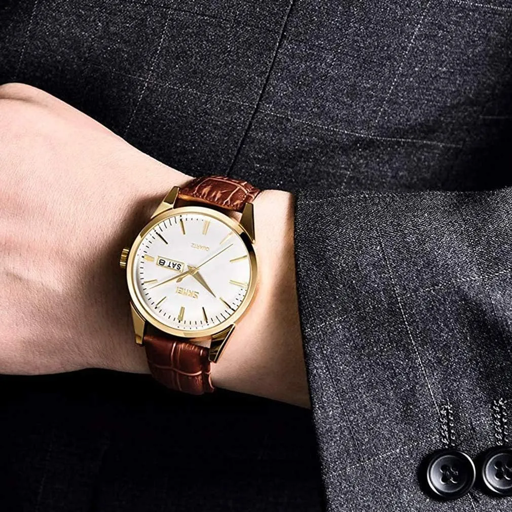 SKMEI Watch for Men Business Dress Classic Fashion Casual Black Leather Quartz Analog Waterproof Calendar Date Light Simple Wrist Watches Dad Fathers Gifts