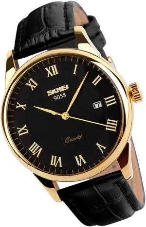 SKMEI Watch for Men Business Dress Classic Fashion Casual Black Leather Quartz Analog Waterproof Calendar Date Light Simple Wrist Watches Dad Fathers Gifts