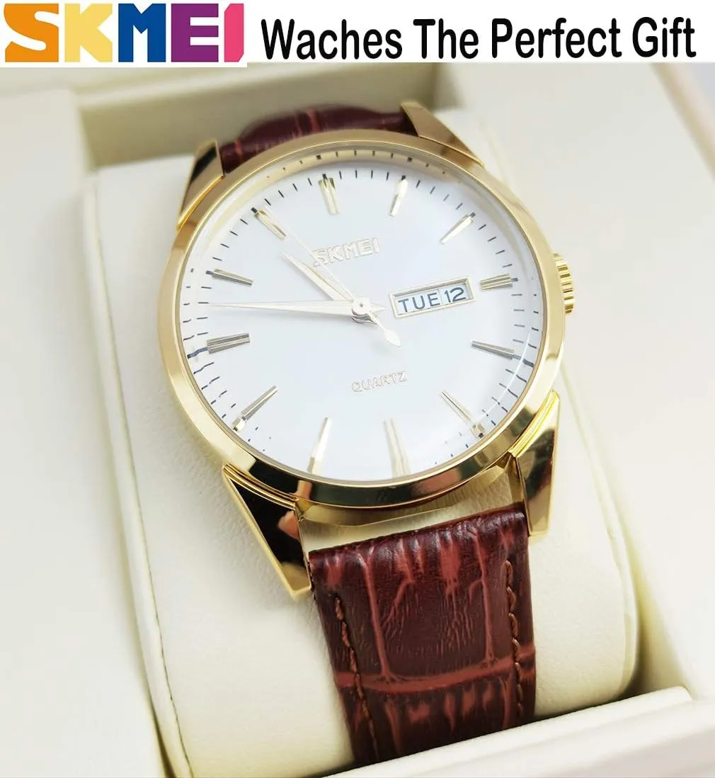 SKMEI Watch for Men Business Dress Classic Fashion Casual Black Leather Quartz Analog Waterproof Calendar Date Light Simple Wrist Watches Dad Fathers Gifts