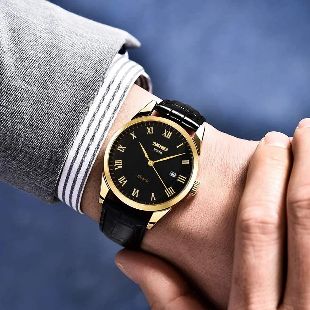 SKMEI Watch for Men Business Dress Classic Fashion Casual Black Leather Quartz Analog Waterproof Calendar Date Light Simple Wrist Watches Dad Fathers Gifts