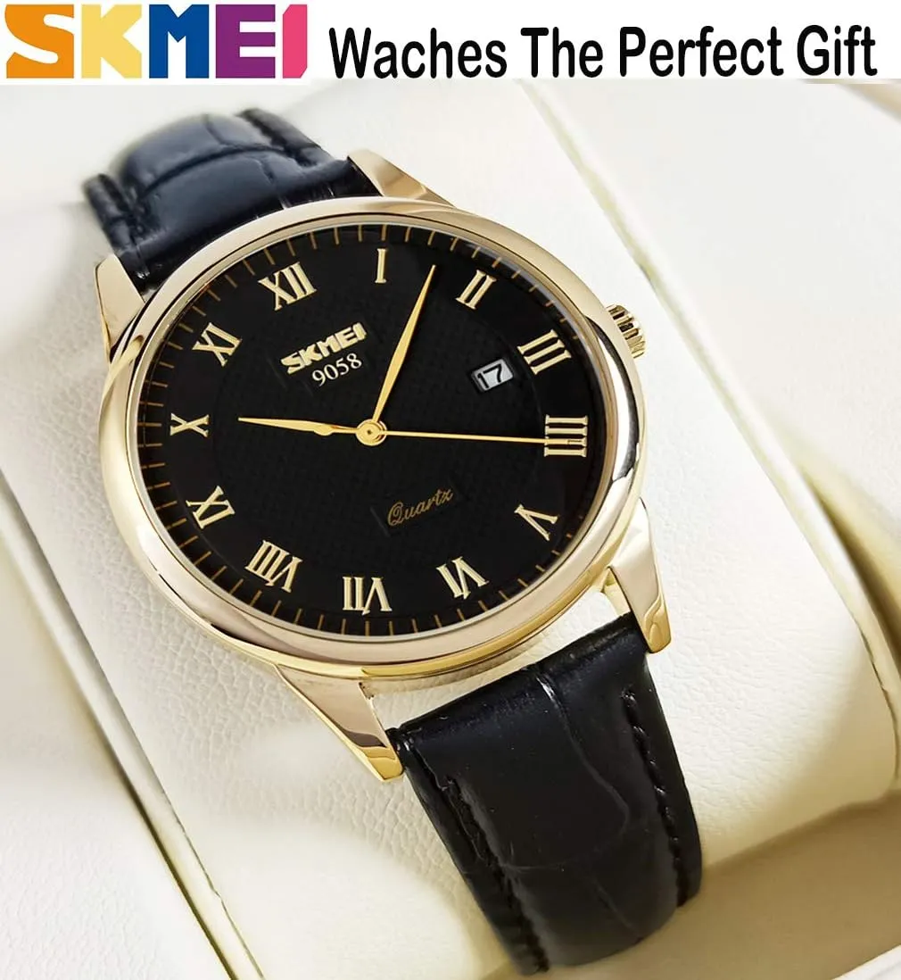 SKMEI Watch for Men Business Dress Classic Fashion Casual Black Leather Quartz Analog Waterproof Calendar Date Light Simple Wrist Watches Dad Fathers Gifts