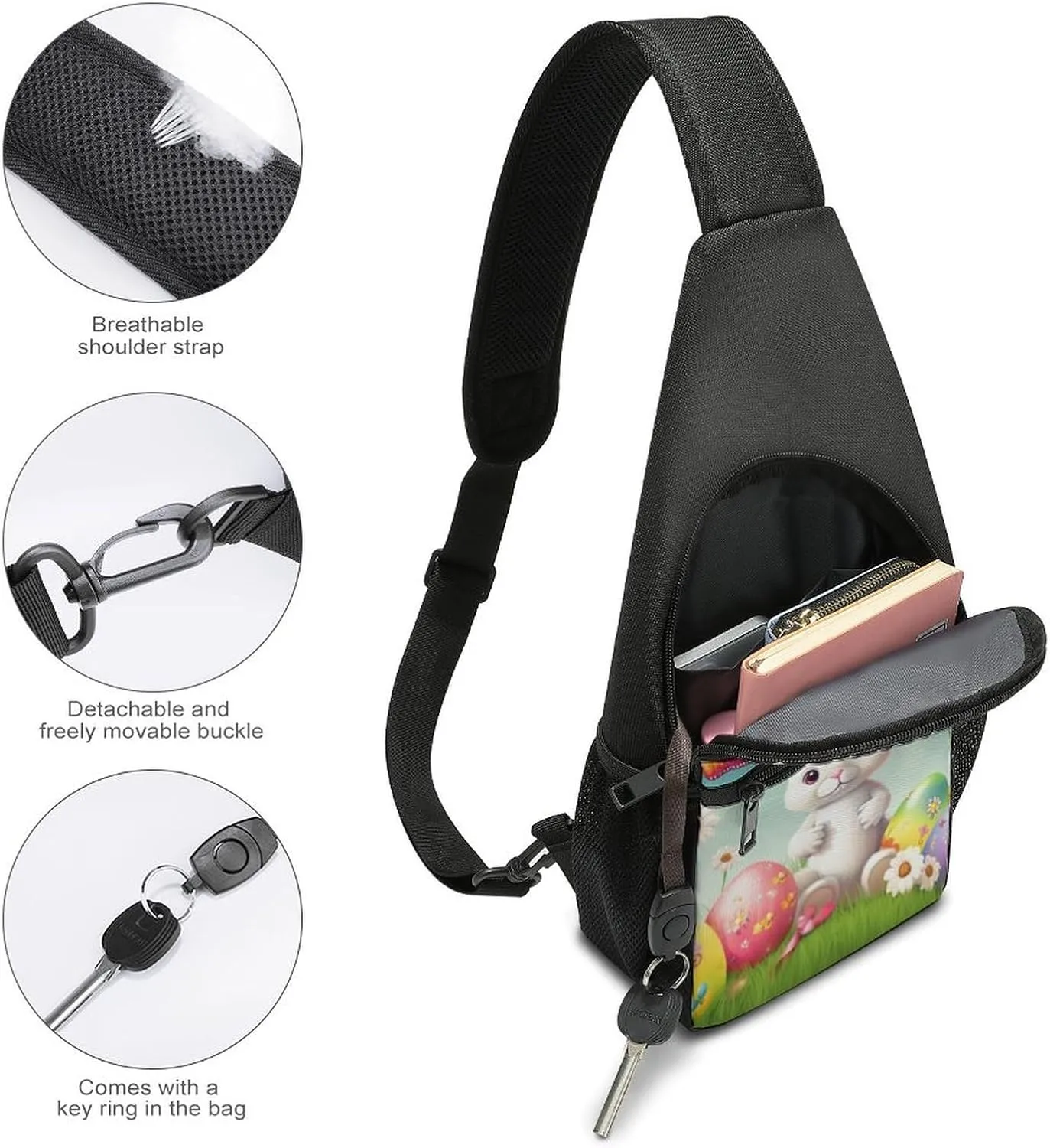 Sling Backpack for Women Men Crossbody Chest Bag Travel Bunny with Eggs And Butterfly Daypack Shoulder Bag for Hiking