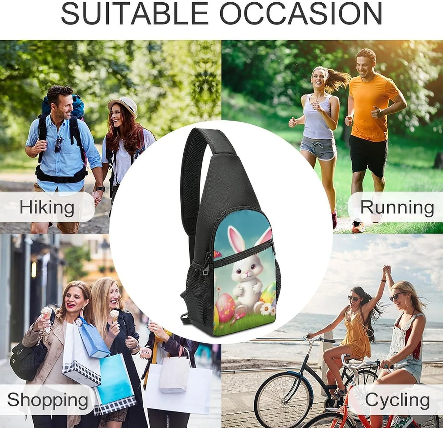 Sling Backpack for Women Men Crossbody Chest Bag Travel Bunny with Eggs And Butterfly Daypack Shoulder Bag for Hiking