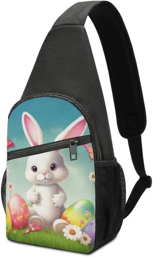 Sling Backpack for Women Men Crossbody Chest Bag Travel Bunny with Eggs And Butterfly Daypack Shoulder Bag for Hiking