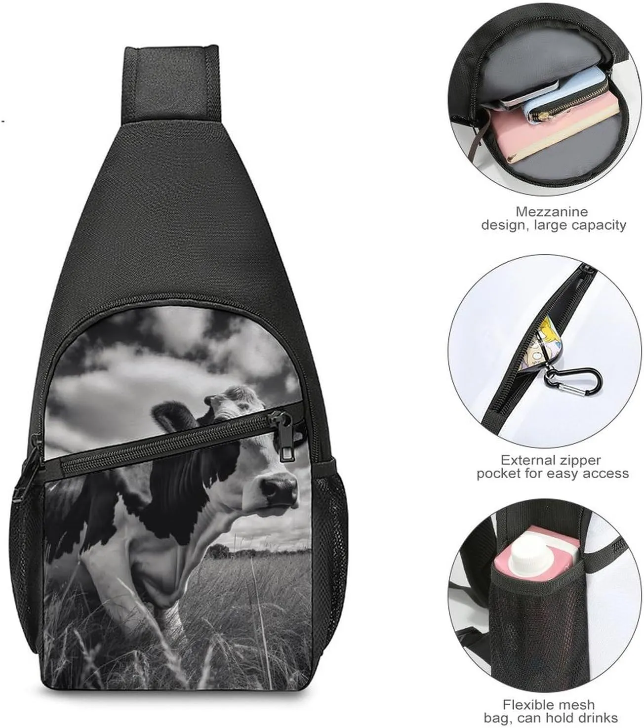 Sling Backpack for Women Men Crossbody Chest Bag Travel Cow on Grass Daypack Shoulder Bag for Hiking