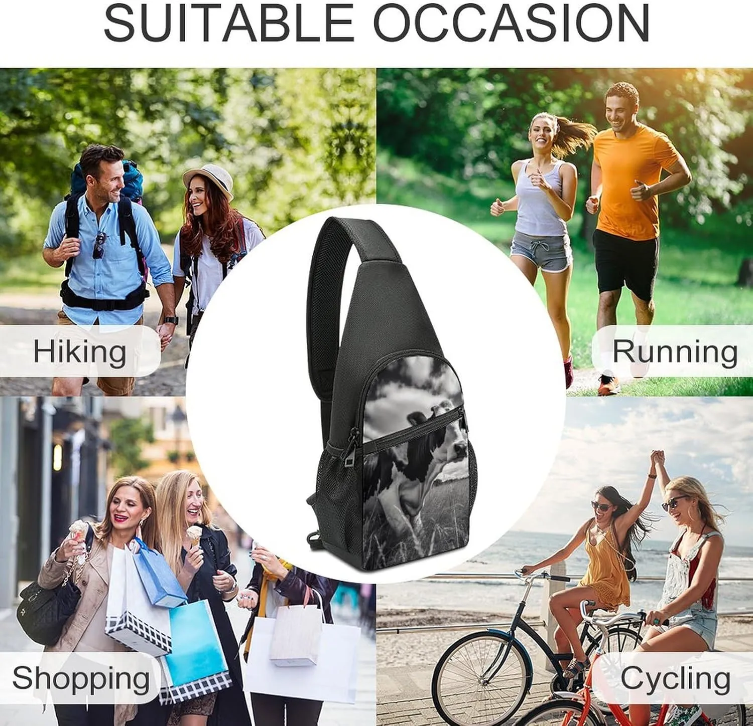 Sling Backpack for Women Men Crossbody Chest Bag Travel Cow on Grass Daypack Shoulder Bag for Hiking
