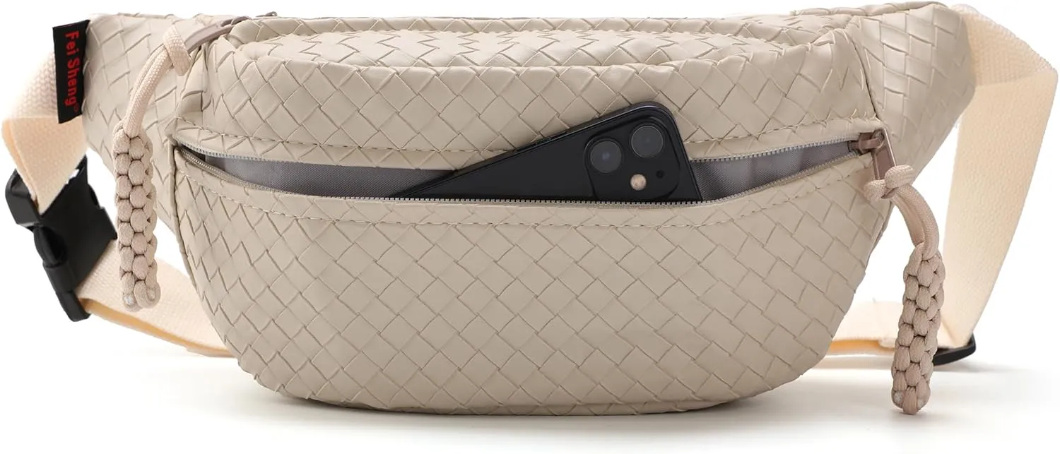 Sling Bag for Women Men,Woven Leather Fashionable Fanny Pack Crossbody Bags with Adjustable Shoulder Strap Chest Packs for Travel Cycling Work Sport Hiking Gym,Large-Beige