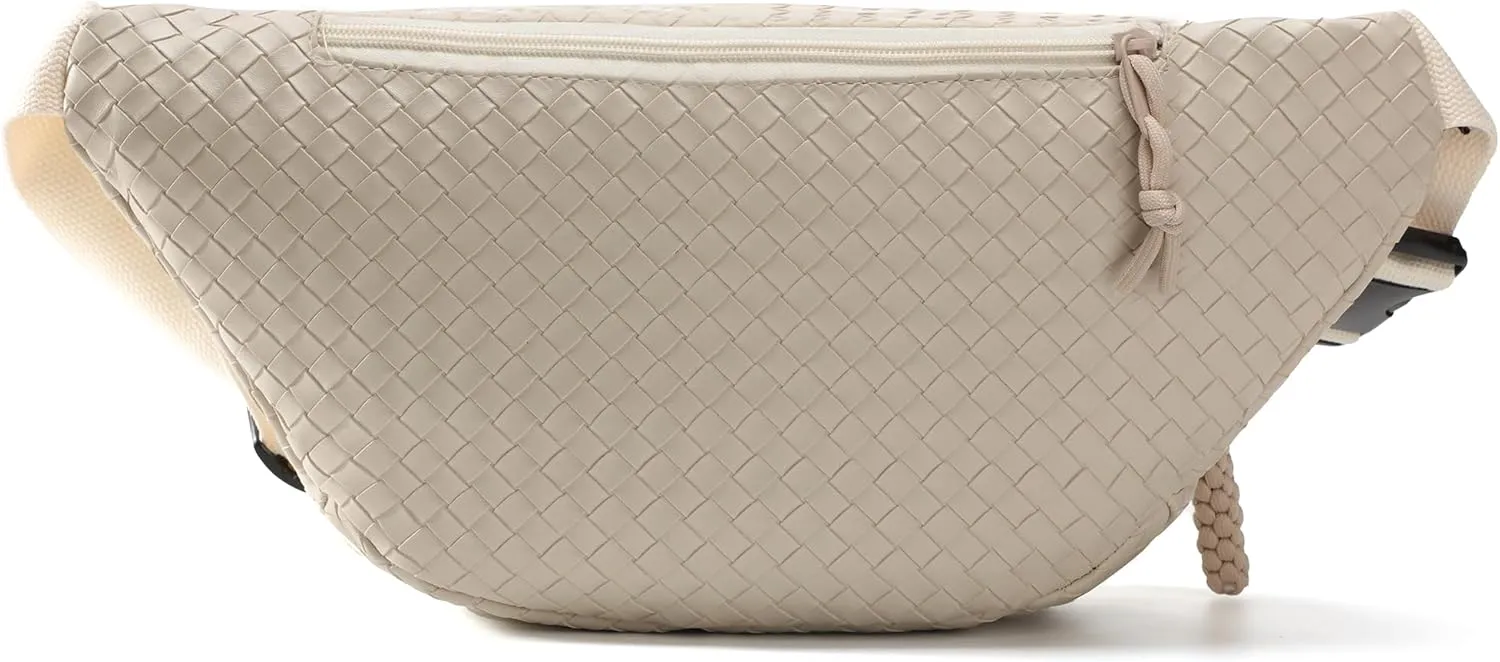 Sling Bag for Women Men,Woven Leather Fashionable Fanny Pack Crossbody Bags with Adjustable Shoulder Strap Chest Packs for Travel Cycling Work Sport Hiking Gym,Large-Beige