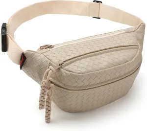 Sling Bag for Women Men,Woven Leather Fashionable Fanny Pack Crossbody Bags with Adjustable Shoulder Strap Chest Packs for Travel Cycling Work Sport Hiking Gym,Large-Beige