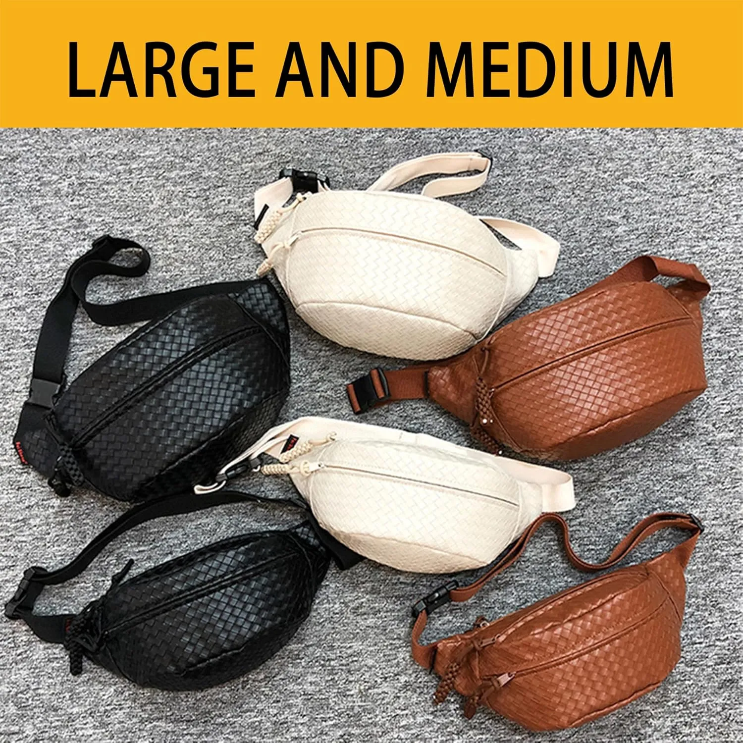 Sling Bag for Women Men,Woven Leather Fashionable Fanny Pack Crossbody Bags with Adjustable Shoulder Strap Chest Packs for Travel Cycling Work Sport Hiking Gym,Large-Beige