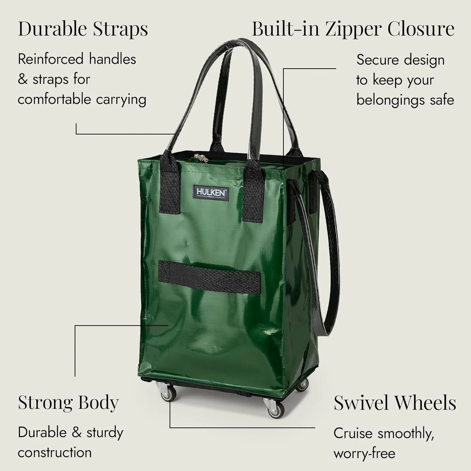(Small, Forest Green) Reusable Grocery Bag On Wheels, Shopping Trolley, Rolling Tote, Zipper Closure, Lightweight, Carries Up to 66 lb, Folds Flat