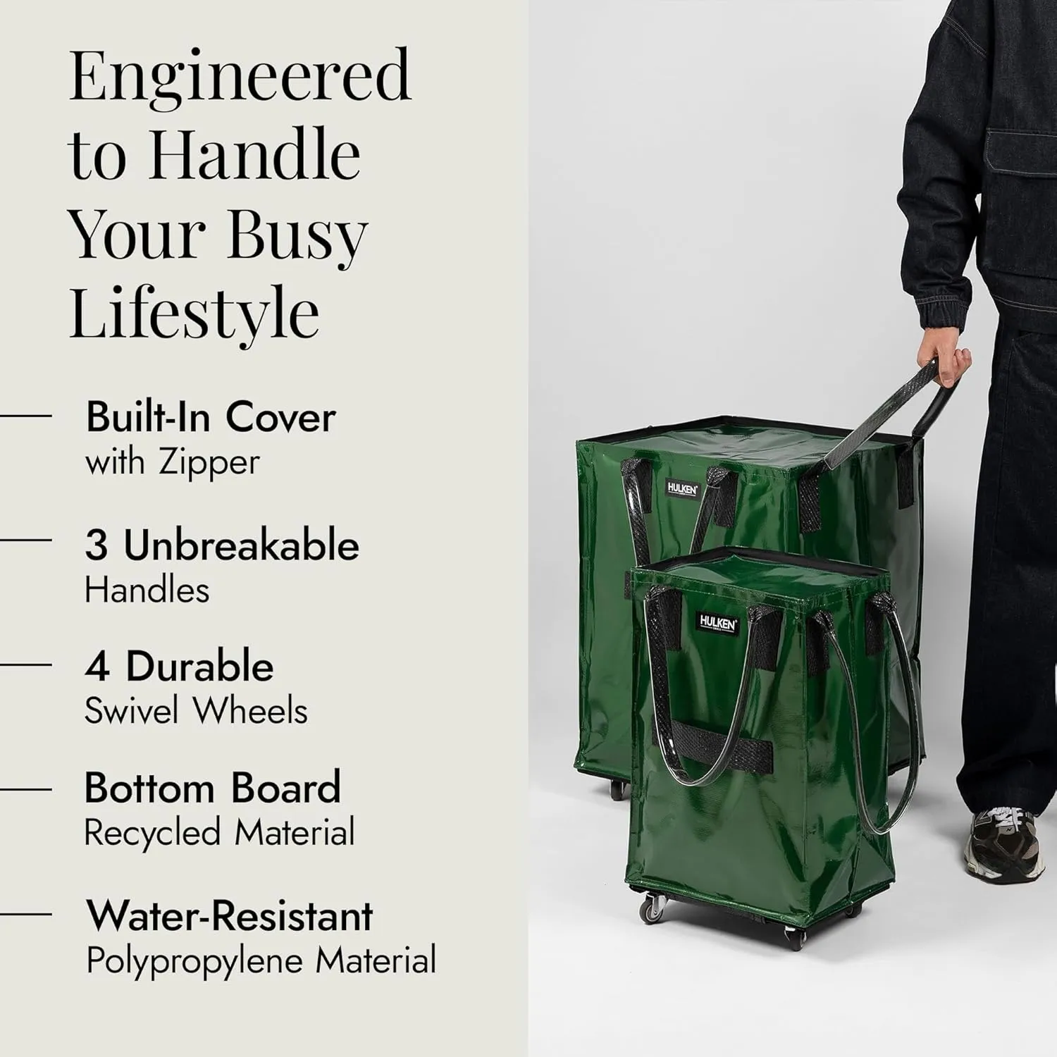 (Small, Forest Green) Reusable Grocery Bag On Wheels, Shopping Trolley, Rolling Tote, Zipper Closure, Lightweight, Carries Up to 66 lb, Folds Flat