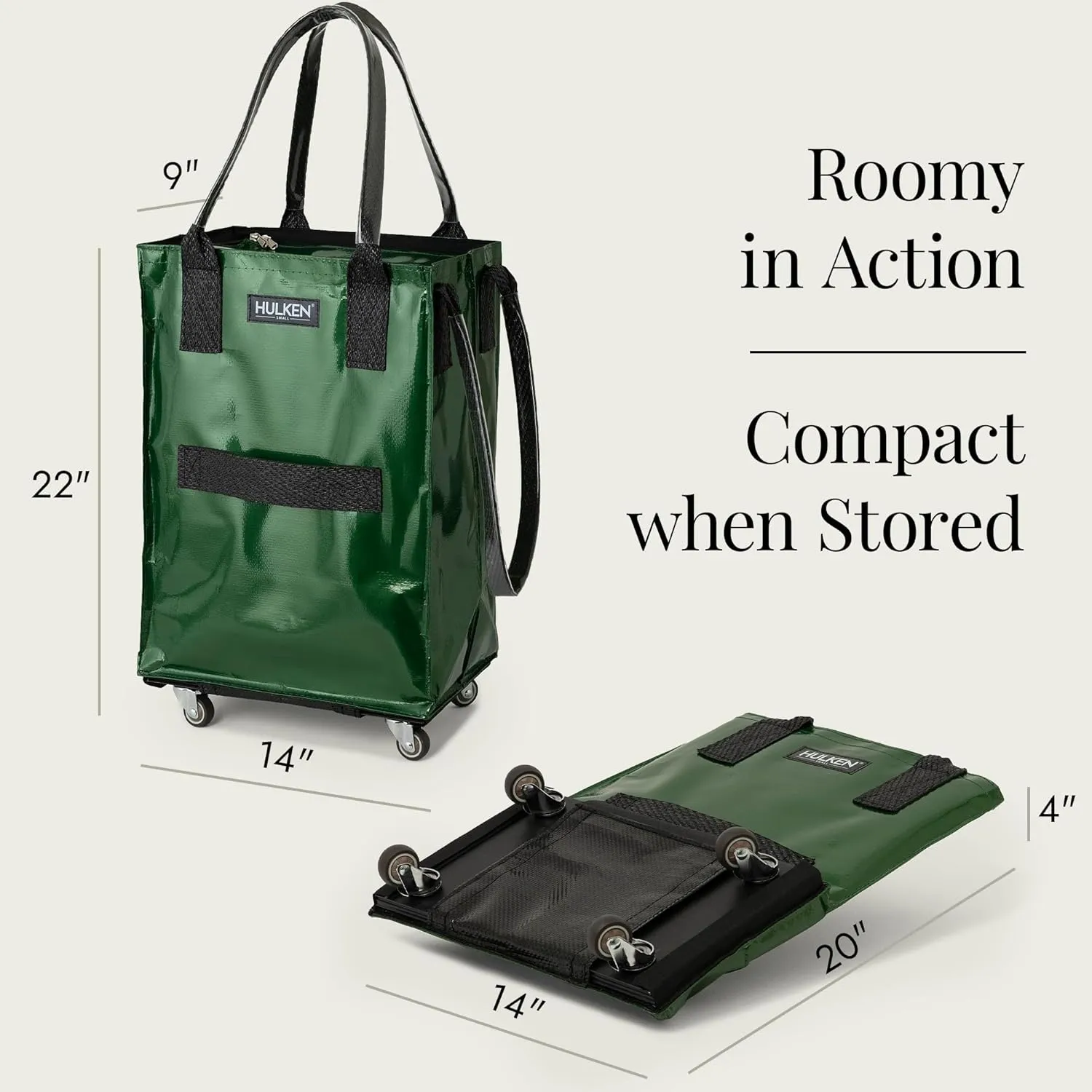 (Small, Forest Green) Reusable Grocery Bag On Wheels, Shopping Trolley, Rolling Tote, Zipper Closure, Lightweight, Carries Up to 66 lb, Folds Flat