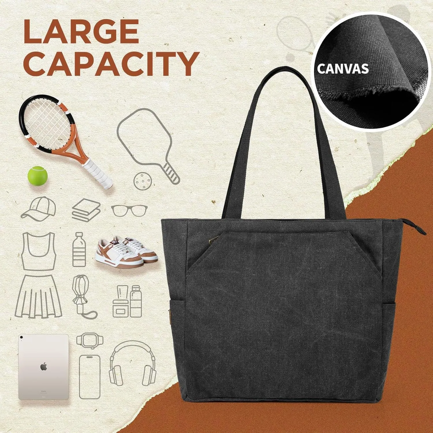 SMRITI Tennis Tote Bag Canvas, Large Sports Handbag Tennis Racket Bag for Women, Portable Tennis Racquet Shoulder Bag for Badminton, Pickleball, Padel
