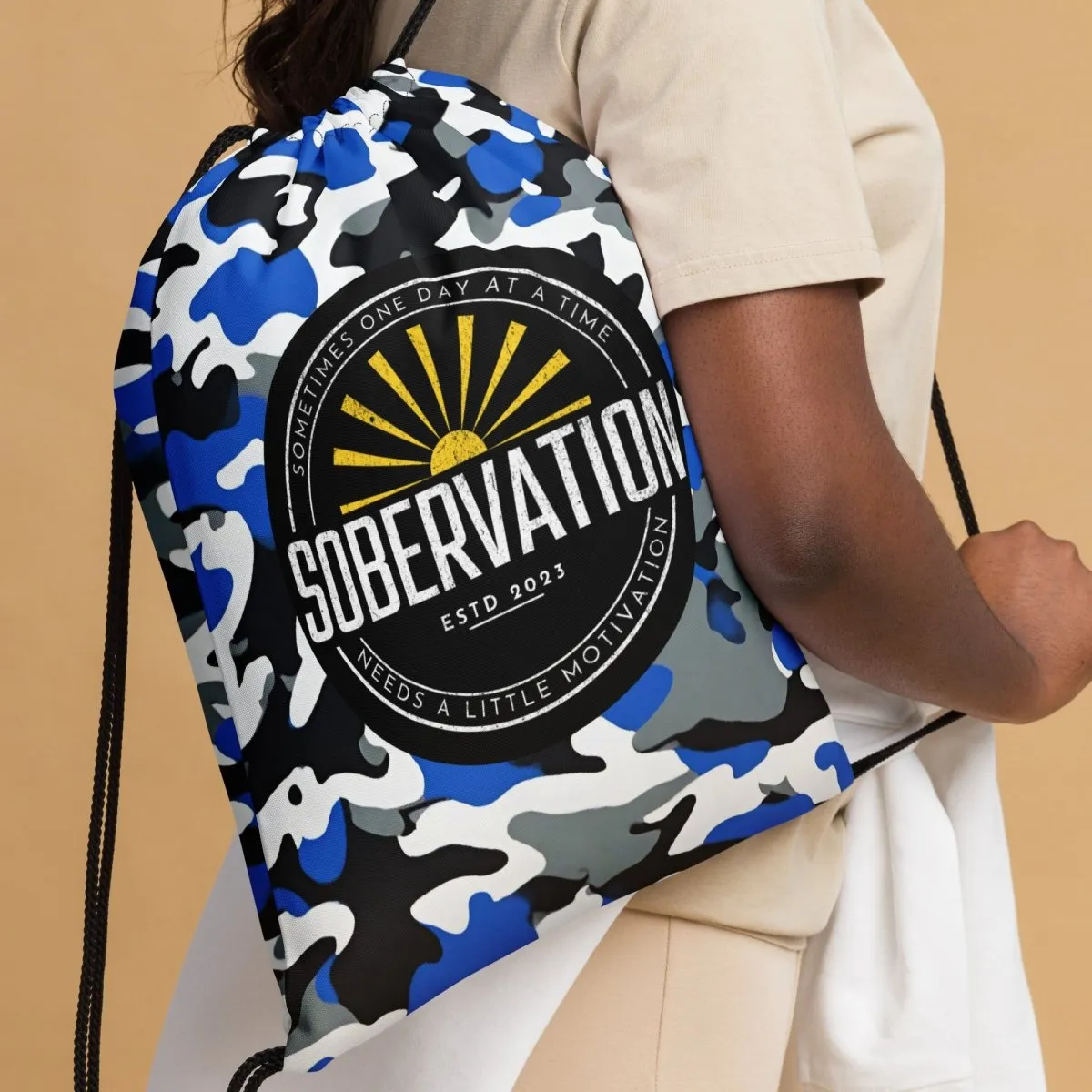 Sobervation Blue Camo Drawstring Bag – Empowering On-the-Go Sobriety Gear