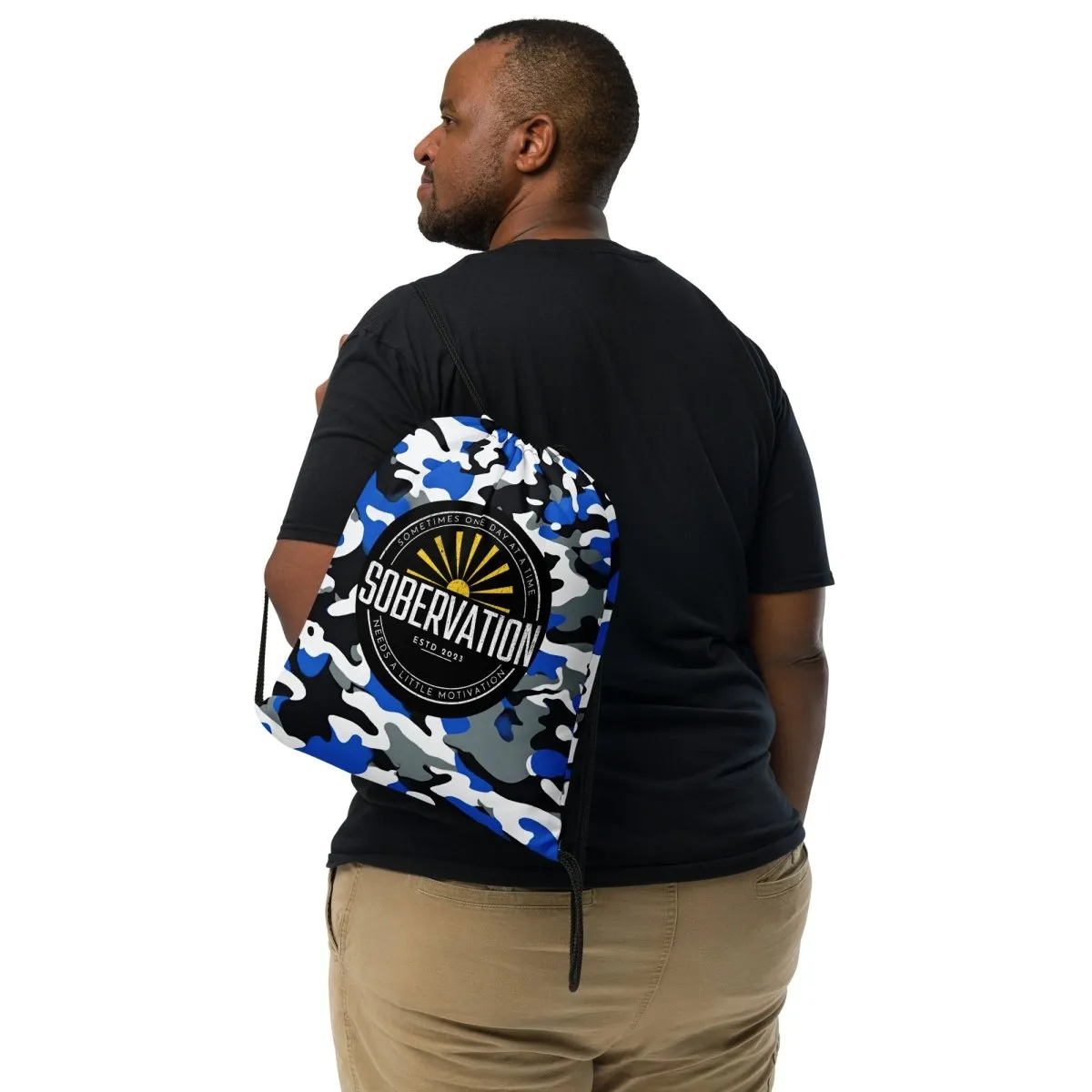 Sobervation Blue Camo Drawstring Bag – Empowering On-the-Go Sobriety Gear