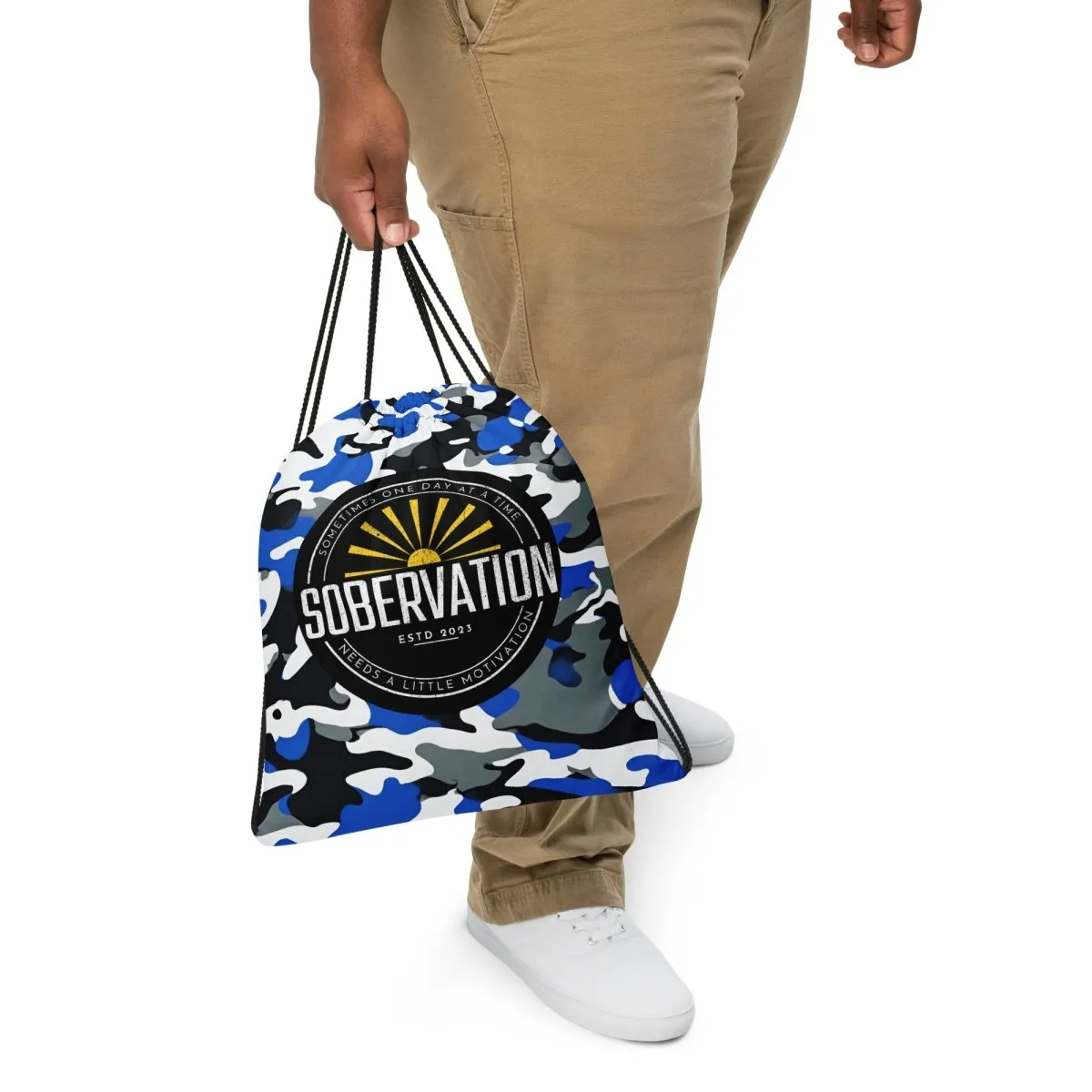 Sobervation Blue Camo Drawstring Bag – Empowering On-the-Go Sobriety Gear