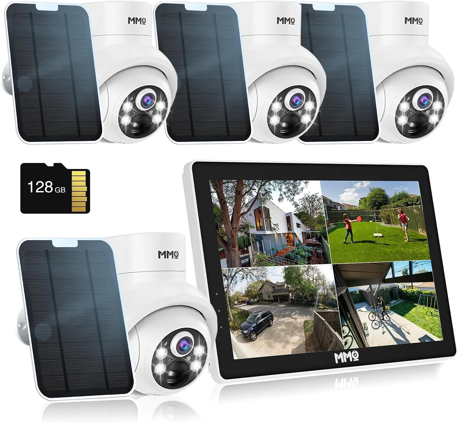 Solar Security Camera System Outdoor with 10in LCD Monitor,4-Cam Kit Wireless, Battery Powered Cameras for Home Security with 128GB,PIR Detection,360° View, 2.5K Color Night Vision, No Subscription