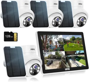Solar Security Camera System Outdoor with 10in LCD Monitor,4-Cam Kit Wireless, Battery Powered Cameras for Home Security with 128GB,PIR Detection,360° View, 2.5K Color Night Vision, No Subscription