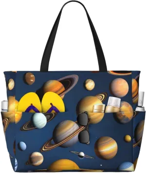 Solar System Planets Print 28L Beach Tote Bag, Water-resistant Travel Tote, Lightweight Gym & Camping Carryall