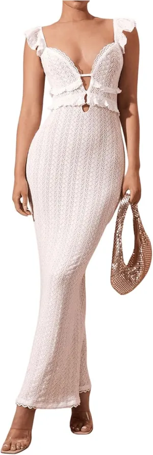SOLY HUX Women's Maxi Dress Crochet Ruffle Sleeveless Backless Bodycon Long Dresses