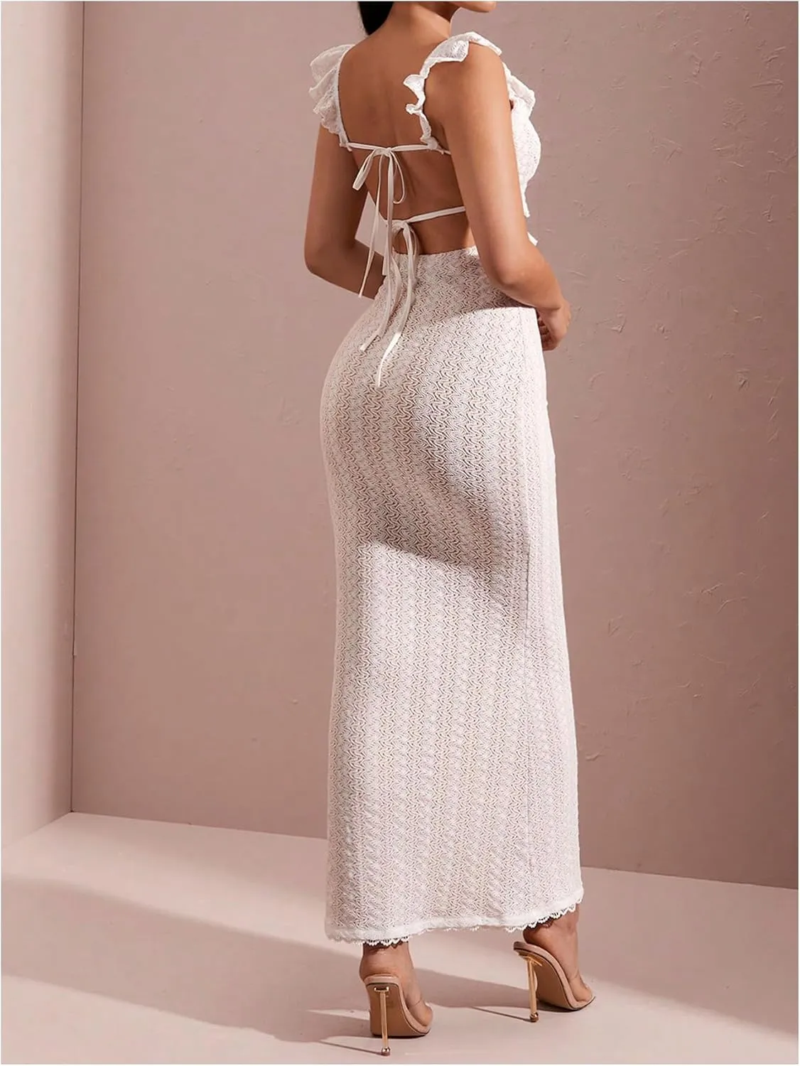 SOLY HUX Women's Maxi Dress Crochet Ruffle Sleeveless Backless Bodycon Long Dresses