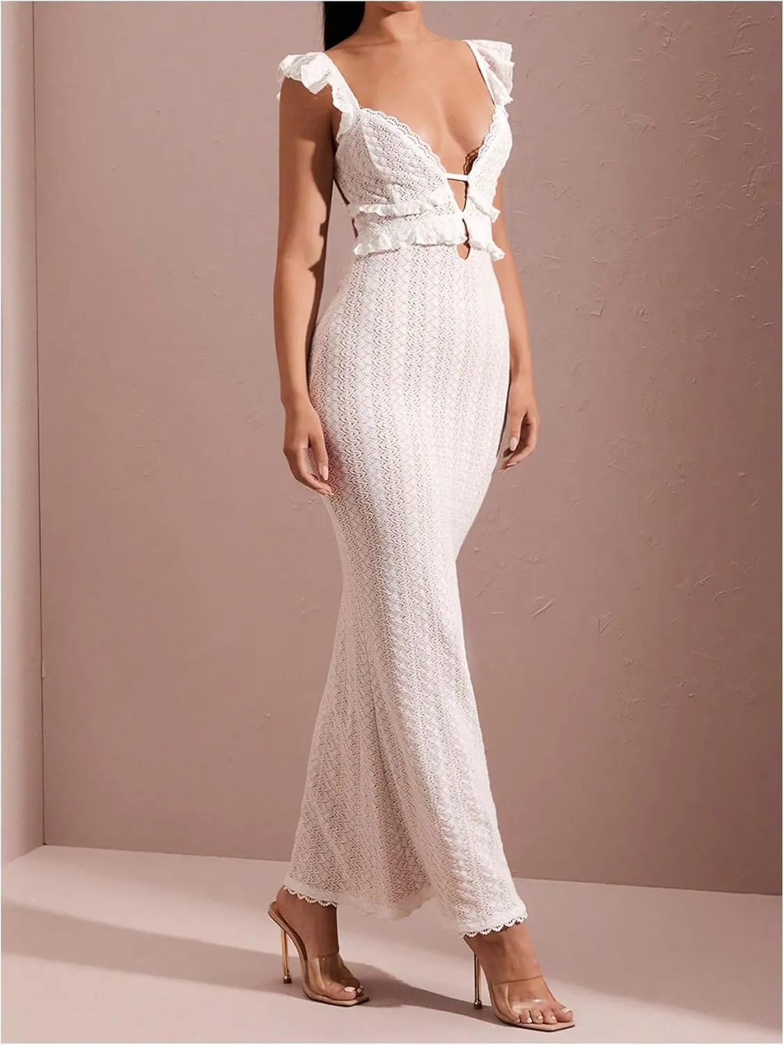 SOLY HUX Women's Maxi Dress Crochet Ruffle Sleeveless Backless Bodycon Long Dresses