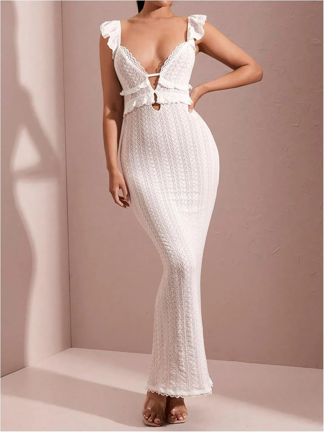 SOLY HUX Women's Maxi Dress Crochet Ruffle Sleeveless Backless Bodycon Long Dresses