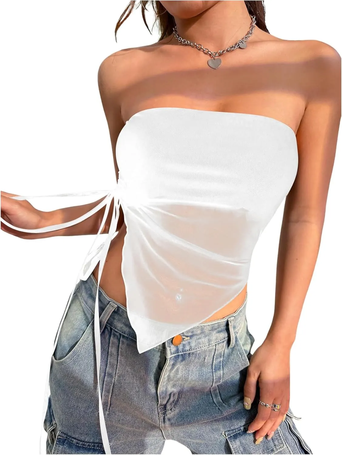 SOLY HUX Women's Strapless Mesh Sheer Tube Crop Top Drawstring Side Asymmetrical Hem Sleeveless Tops