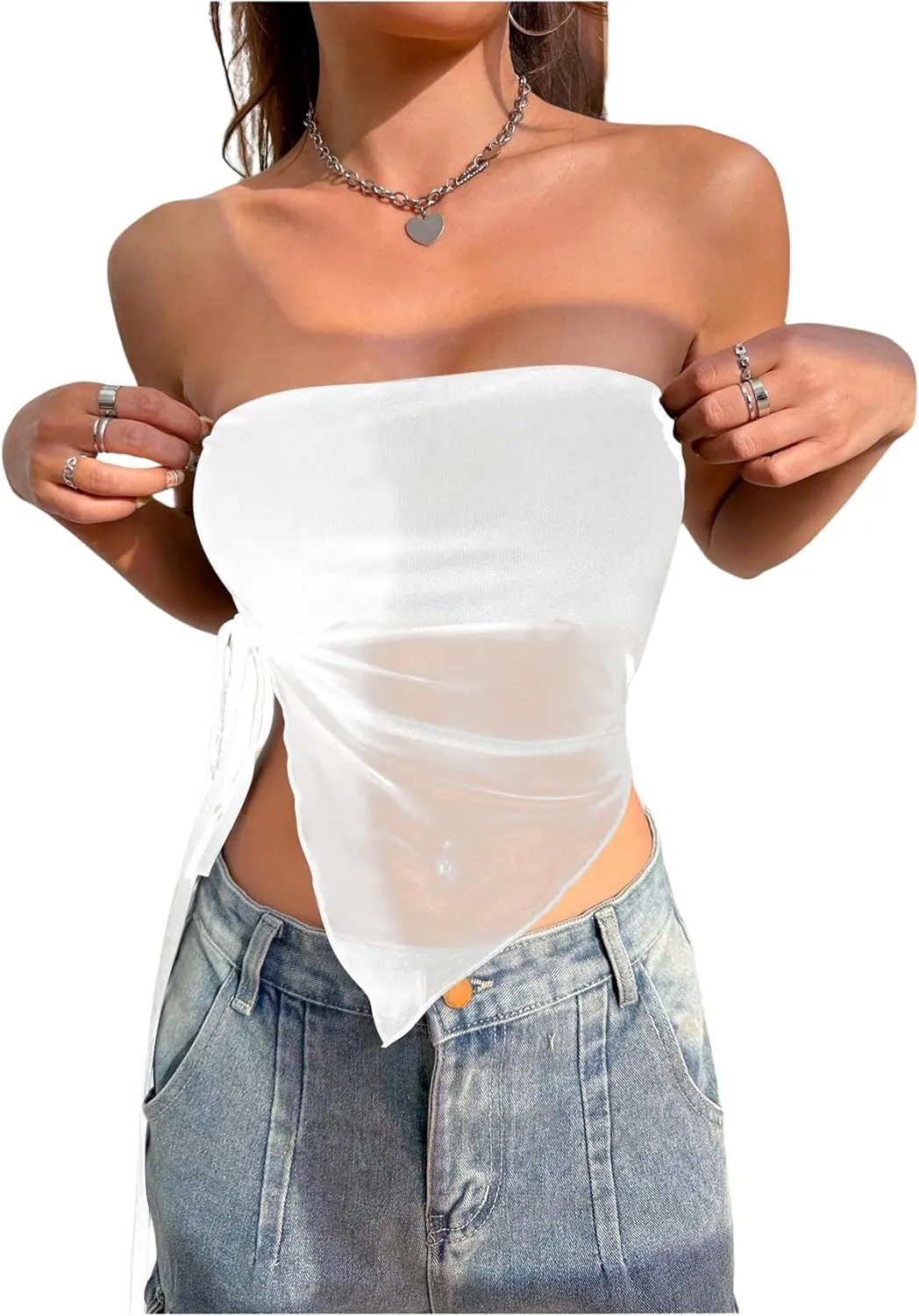 SOLY HUX Women's Strapless Mesh Sheer Tube Crop Top Drawstring Side Asymmetrical Hem Sleeveless Tops