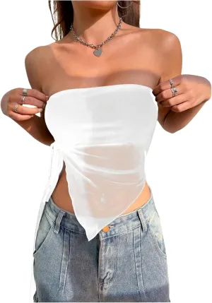 SOLY HUX Women's Strapless Mesh Sheer Tube Crop Top Drawstring Side Asymmetrical Hem Sleeveless Tops