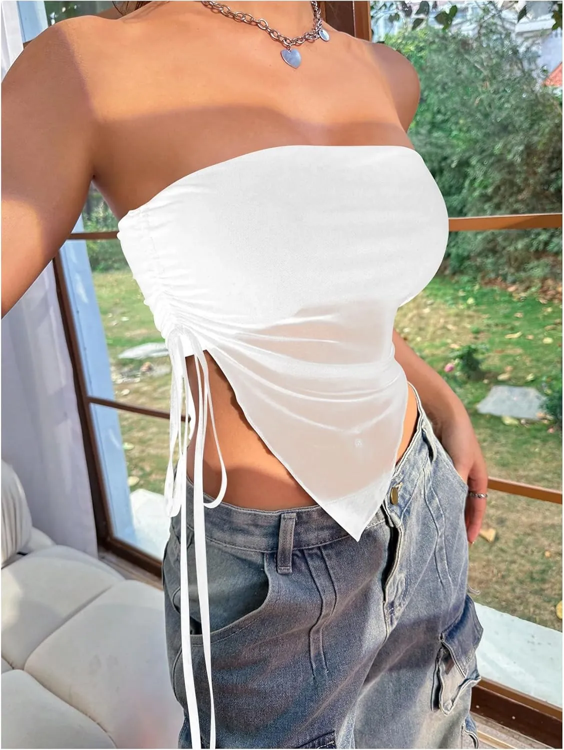 SOLY HUX Women's Strapless Mesh Sheer Tube Crop Top Drawstring Side Asymmetrical Hem Sleeveless Tops