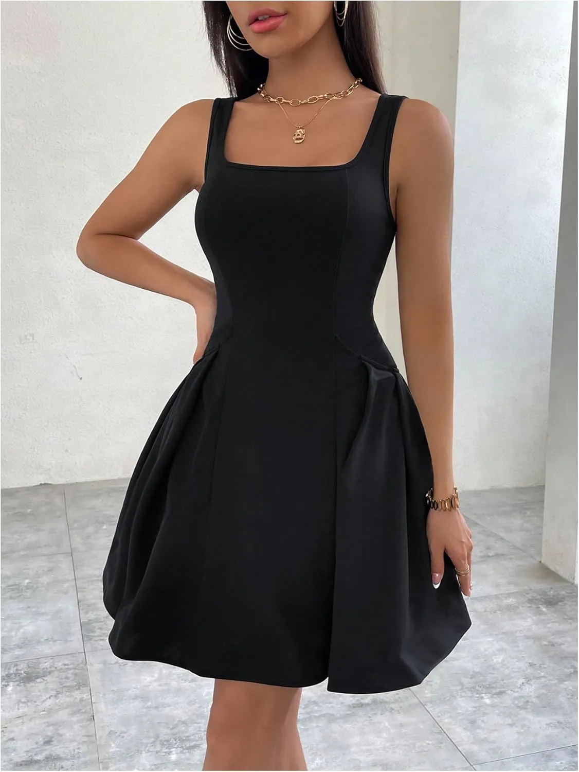 SOLY HUX Women's Summer Dress Square Neck Sleeveless A Line Flared Flowy Short Dresses