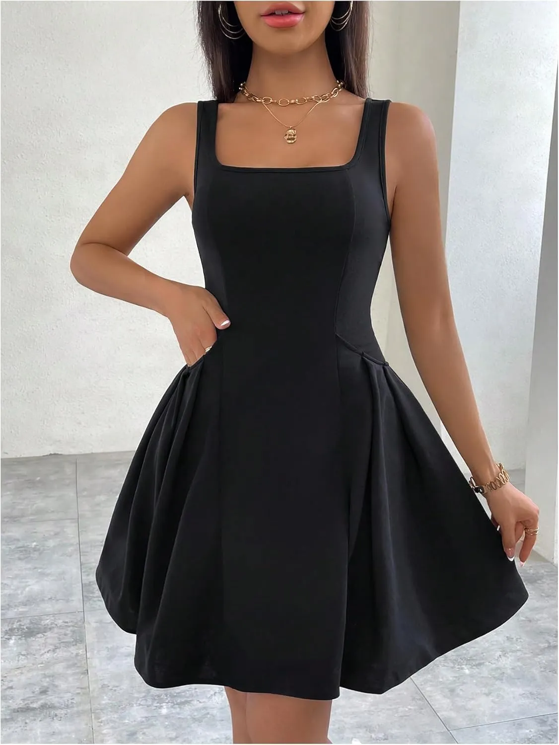SOLY HUX Women's Summer Dress Square Neck Sleeveless A Line Flared Flowy Short Dresses
