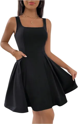 SOLY HUX Women's Summer Dress Square Neck Sleeveless A Line Flared Flowy Short Dresses