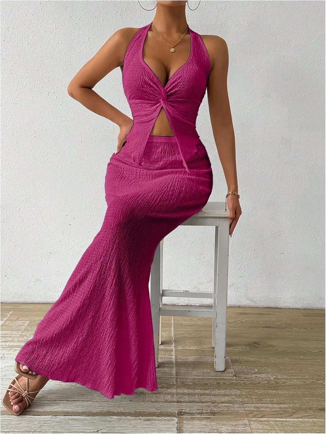 SOLY HUX Women's Two Piece Outfits Twist Front Halter Cami Tops and Skirt Summer Set