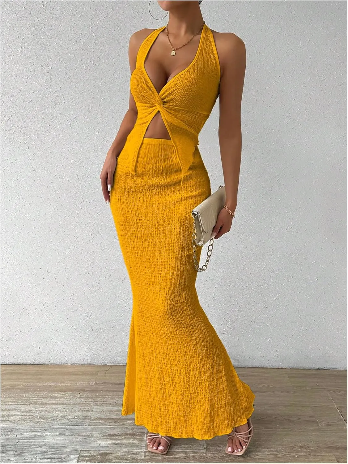 SOLY HUX Women's Two Piece Outfits Twist Front Halter Cami Tops and Skirt Summer Set