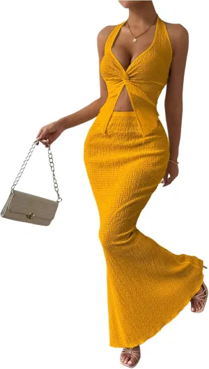 SOLY HUX Women's Two Piece Outfits Twist Front Halter Cami Tops and Skirt Summer Set