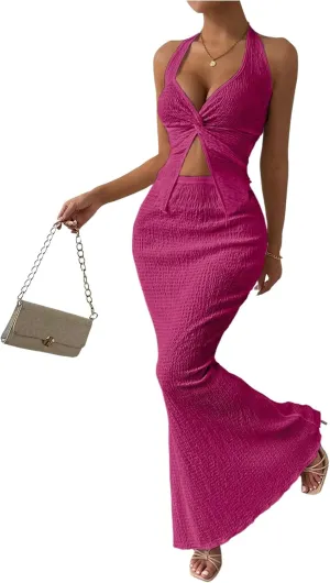 SOLY HUX Women's Two Piece Outfits Twist Front Halter Cami Tops and Skirt Summer Set