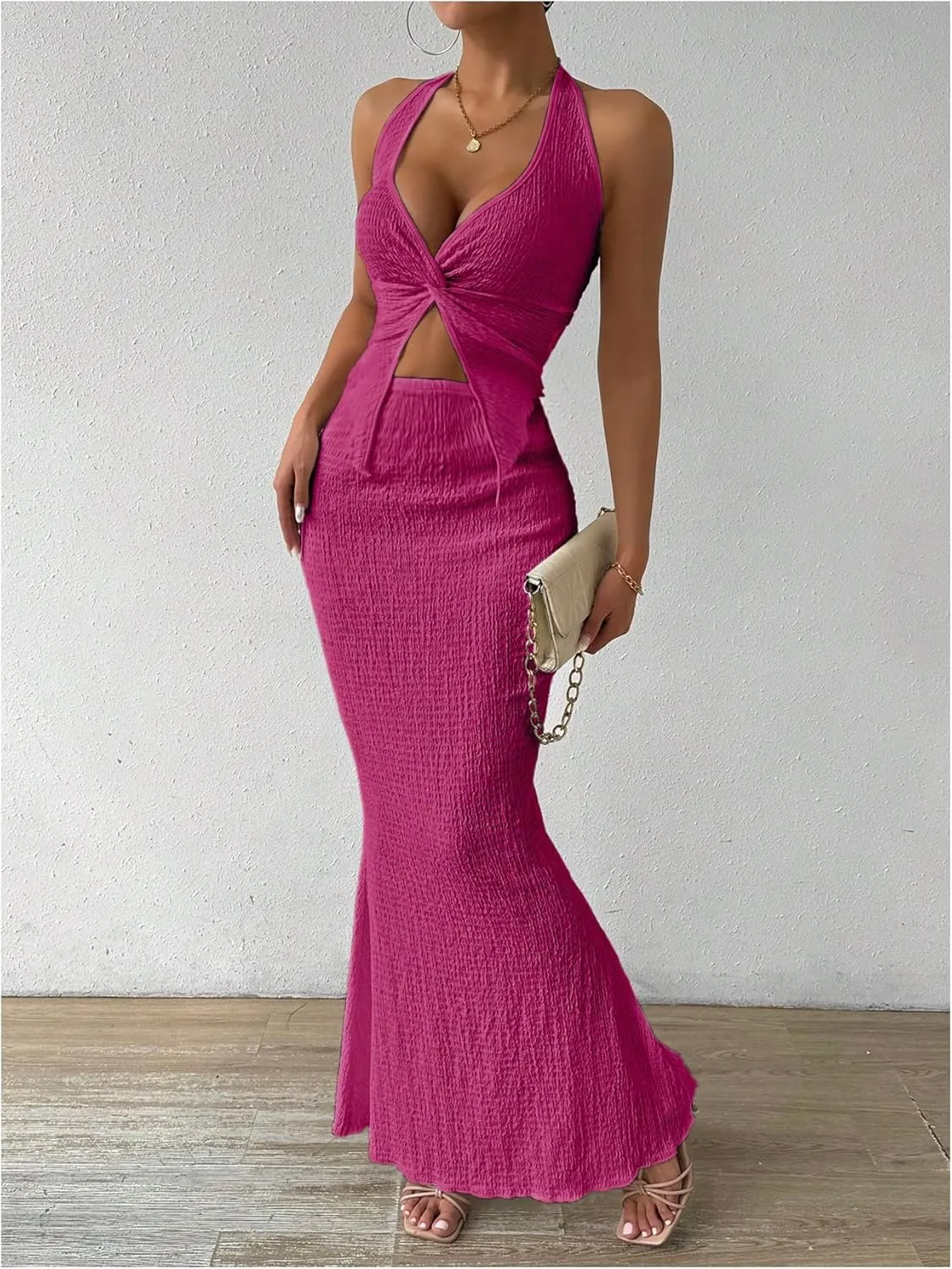 SOLY HUX Women's Two Piece Outfits Twist Front Halter Cami Tops and Skirt Summer Set