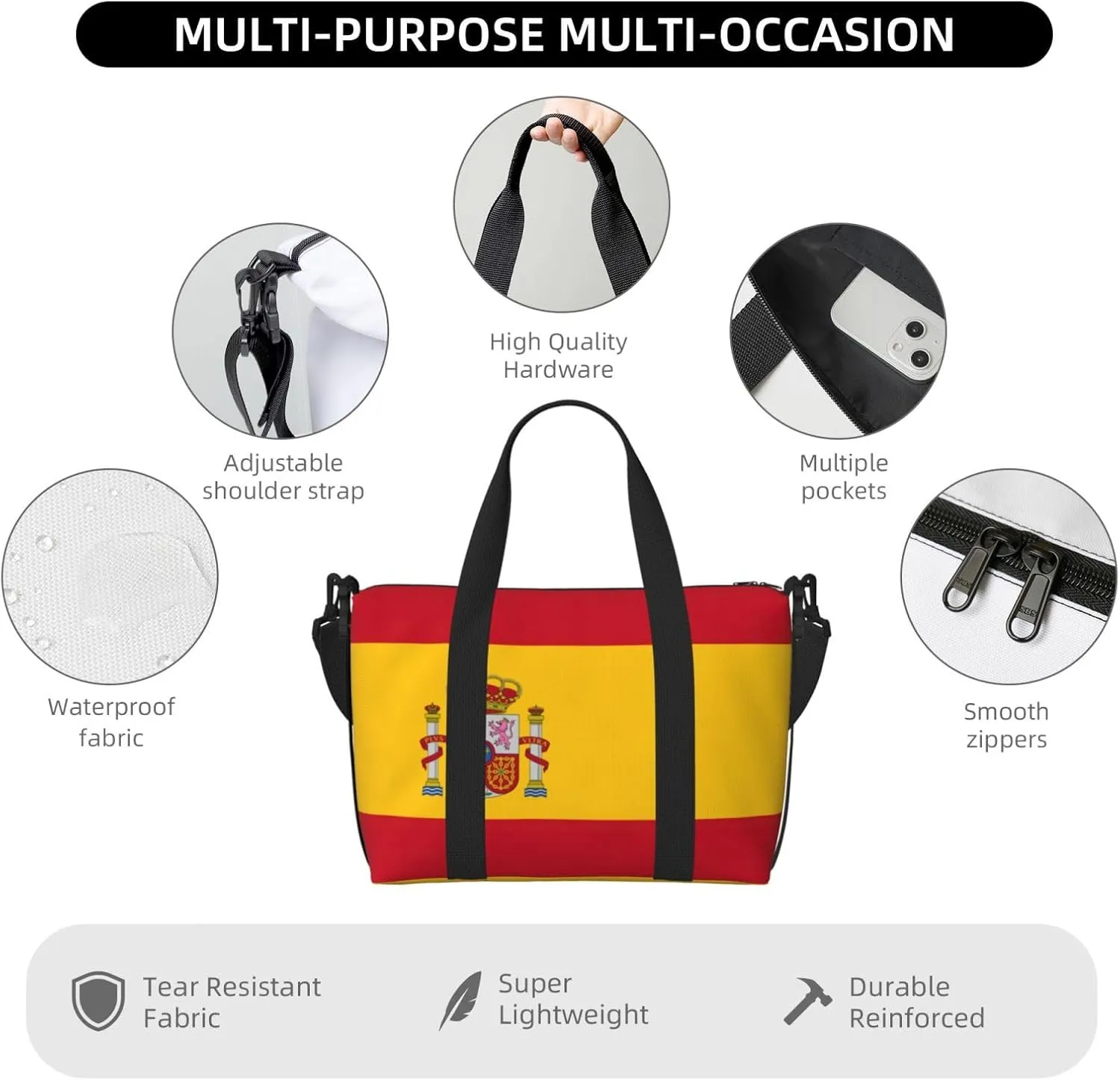 Spanish Flag Women Travel Duffel Bag, Large Weekender Carry-On Tote, Gym Workout Bag,Mommy Hospital Bag