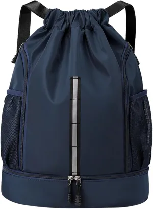 Sport Gym Bag Water Resistant Drawstring Backpack for Men Women with Shoes Compartment (Dark blue)