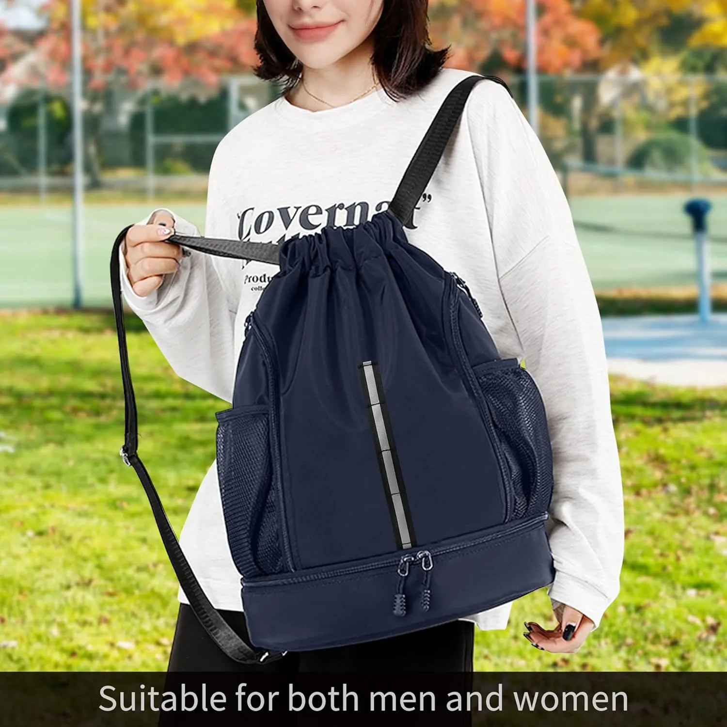 Sport Gym Bag Water Resistant Drawstring Backpack for Men Women with Shoes Compartment (Dark blue)