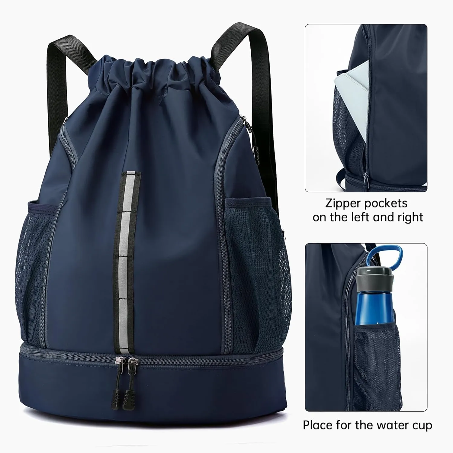 Sport Gym Bag Water Resistant Drawstring Backpack for Men Women with Shoes Compartment (Dark blue)